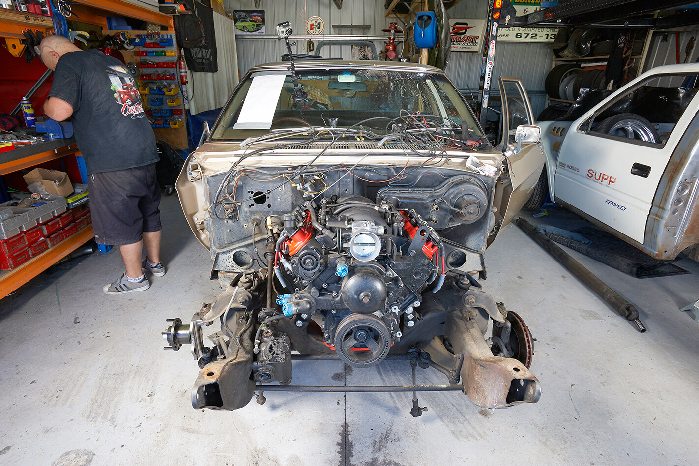 engine and transmission bolted into place