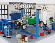 Lego hot rod in garage