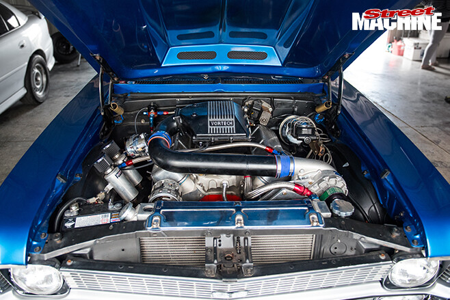 Performance car mania blue 1968 chevrolet nova engine bay