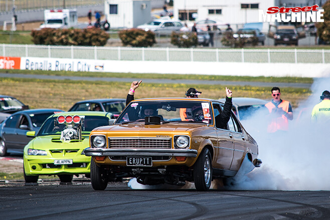 Performance car mania gold holden LX burnout